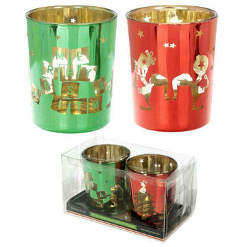 Christmas Elf Set Of 2 Glass Tea Light Or Votive Holders