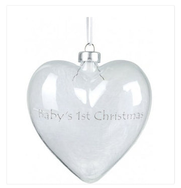 FEATHER FILLED GLASS HEART - BABY FIRST CHRISTMAS, 