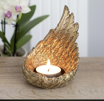 GOLD SINGLE RAISED ANGEL WING CANDLE HOLDER